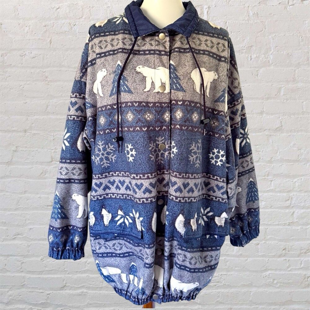 Vintage 90s Reversible Snap Front Windbreaker Jacket Coat Polar Bears 1X Novelty